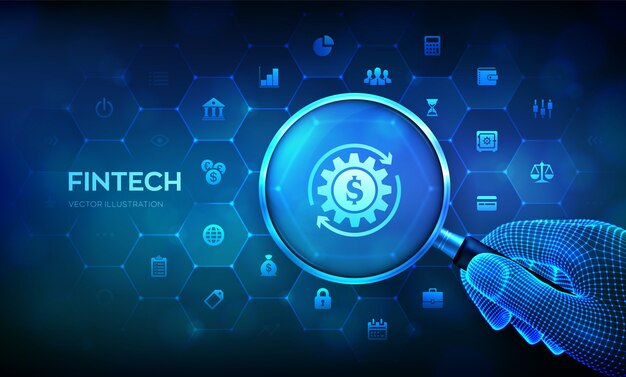 fintech-financial-technology-concept-with-magnifying-glass-wireframe-hand-icons_127544-526